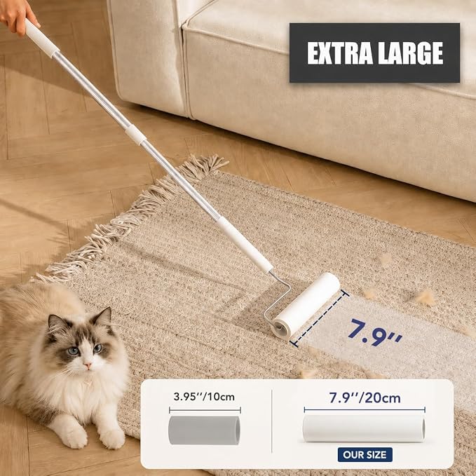Large Lint Roller for Pet Hair Extra Sticky, 7.9-Inch Extra Wide Roller with Extendable Handle, 5 Refills, 450 Sheets & Storage Stand for Furniture, Couch, Bedding and Clothes(1 Roller+ 450 Sheets)