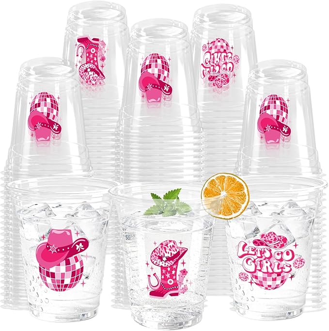 100 Pcs Pink Western Cowgirl Party Plastic Cups 12 OZ Disco Disposable Cups, Cowboy Hat Boot & Disco Ball Designs, Disco Cowgirl Party Baby Shower Decorations