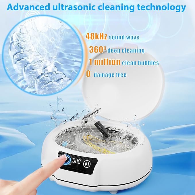 Ultrasonic Retainer Cleaner Machine,48 kHz Ultrasonic Cleaner,700ML Portable Ultrasonic Cleaner for Braces, Mouth Guards, Aligner, Toothbrush, Glasses, Jewelry(White)