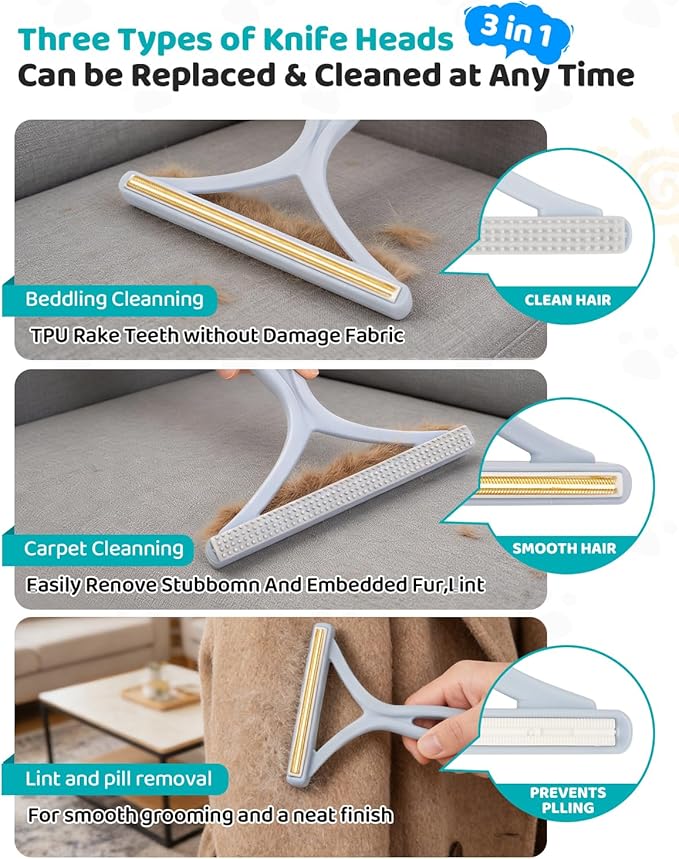 Carpet Rake for Pet & Human Hair Removal, Reusable Pet Hair Remover Tool with 54 Inch Adjustable Long Handle, 3 Piece Carpet Scraper Set, Easy Assembly for Rugs, Carpets, Couch and Furniture