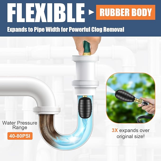 3 Pcs Drain Bladder Kit, Drain Cleaning Bladder Fits 1" to 6" Pipes, with 10 ft Retractable Hose, Shut-Off Valve & Brass Faucet Adapter Fits Most Faucets– For Sinks, Showers, Pools & Drains (Black)