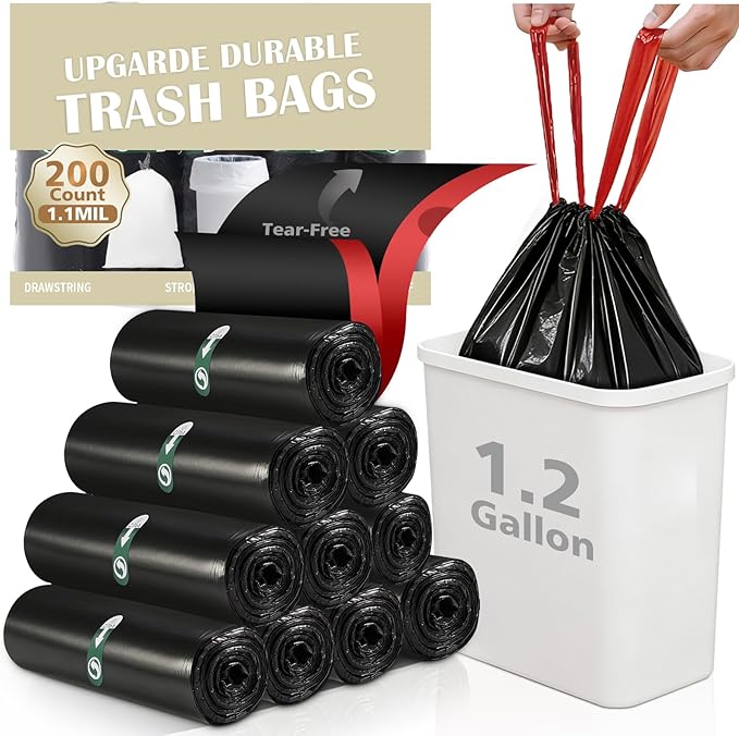 200 Counts 1.2 Gallon Trash Bag Drawstring Small Trash Bags, Thick Pre-separated Garbage Bags, Trash Bin Liners, Suitable for bathroom, kitchen, bedroom, office (Black)