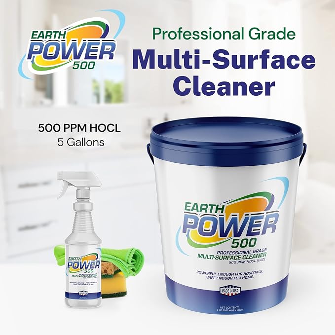 Earth Power Hypochlorous Acid 500 PPM Multipurpose Cleaner – Natural & Non-Toxic – Tile, Refrigerator, Shower, Countertop & Floor Cleaner – Family, Food & Pet Safe Cleaning Supplies – 5 Gallon