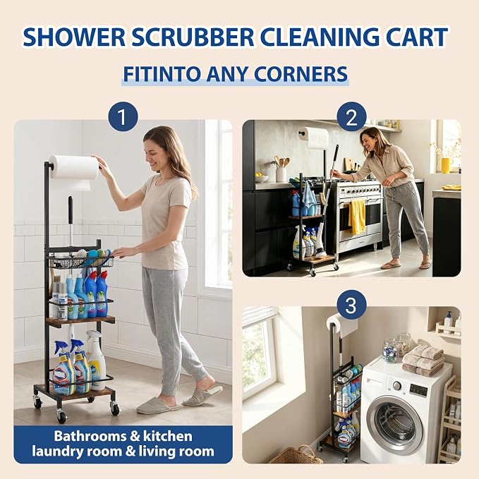Cleaning Supplies Organizer, Shower Scrubber Cleaning Cart for Electric Spin Scrubber, Brush Heads, Cleaning Caddy with Wheels for Kitchen Laundry Room Organization(Black)