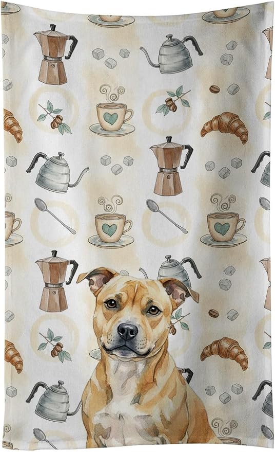 Caroline's Treasures Fawn Staffordshire Bull Terrier Coffee Bar Kitchen Towel Velour Plush Front and Cotton Loop Back Machine Washable