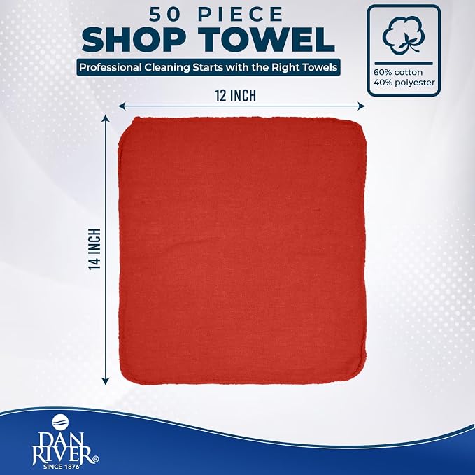 DAN RIVER Shop Towels, 50 Pack Commercial Use Red Terry Cloth Rags for Cleaning Cars & Household Surfaces – Well Absorbent, Reusable Cleaning Rags & Wash Clothes – Washable Towels