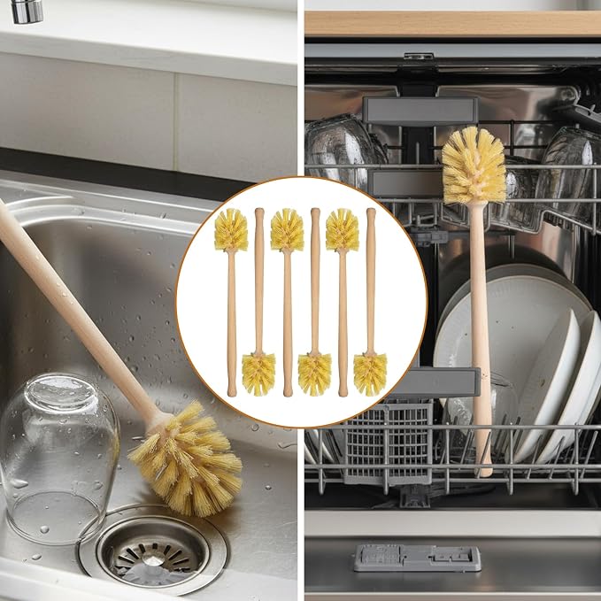 6 Pcs Natural Wooden Bottle Brush with Sisal Bristles, Long Beechwood Handle Bottle Brush Cleaner for Cleaning Bottles, Wide Mouth Mugs, Jars, Glasses, Dishes, Vases, Pitchers, 13.6 x 2.6 Inches