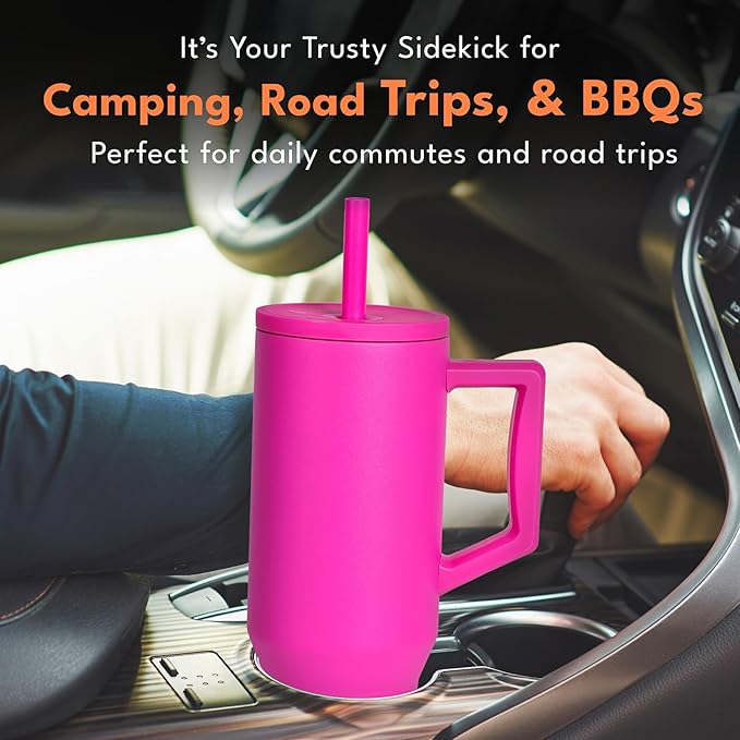 Elemental 40 oz Tumbler with Handle and Straw - Spill Proof Insulated Stainless Steel Commuter for Cold Beverages - Travel Coffee Mug with 2 Straws & Spill Proof Lid - 40oz - Hot Pink