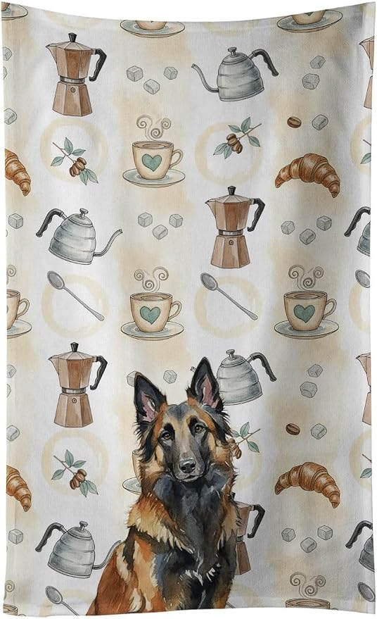 Caroline's Treasures Belgian Tervuren Coffee Bar Kitchen Towel Velour Plush Front and Cotton Loop Back Machine Washable