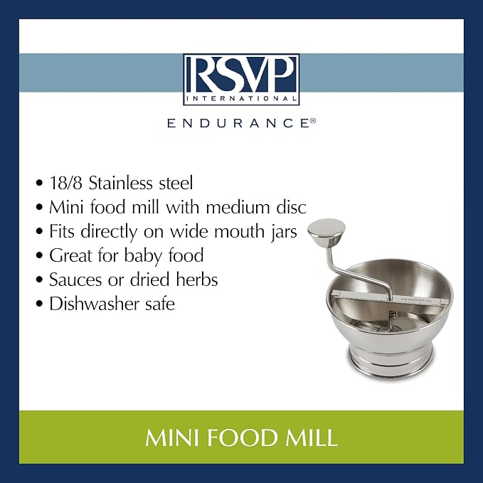 RSVP International Endurance Kitchen Tool Collection Stainless Steel Food Mill, Mini, 5.5" Diameter