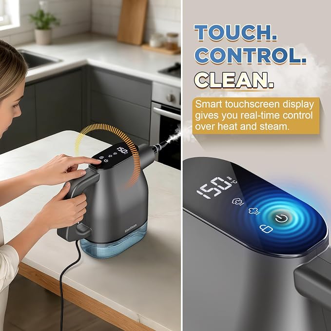 Handheld Steam Cleaner, 3S Fast Heating Pressurized Steamer with Smart Touchscreen, 1350W Portable Steam Cleaner for Home Grout Tile Grease Kitchen Bathroom Car Detailing, Continuous Refill