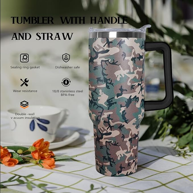 Ceovfoi 40 oz Camo Tumbler with Handle Lid and Straw, Hunting Gifts for Men Women,Camo Tumbler Travel Coffee Cup Mug Water Botter