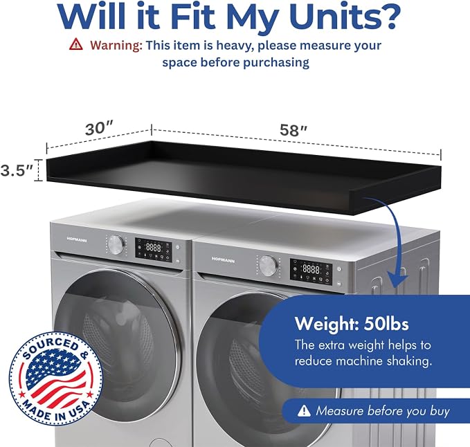 OfficeSimpli Washer Dryer Countertop, Made in USA, Non-Slip Pads, Laundry Room Wood Topper, Washer Dryer Cover for Top, Laundry Countertop, Laminate Finish (Black, Extra Large (30" x 58"))