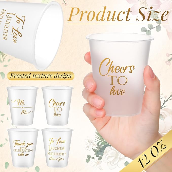 Yungyan 100 Pcs Wedding Frosted Plastic Cups Bulk 12 oz Clear Wedding Cups for Reception Disposable Cheer to Love Bridal Shower Bachelorette Party Supplies