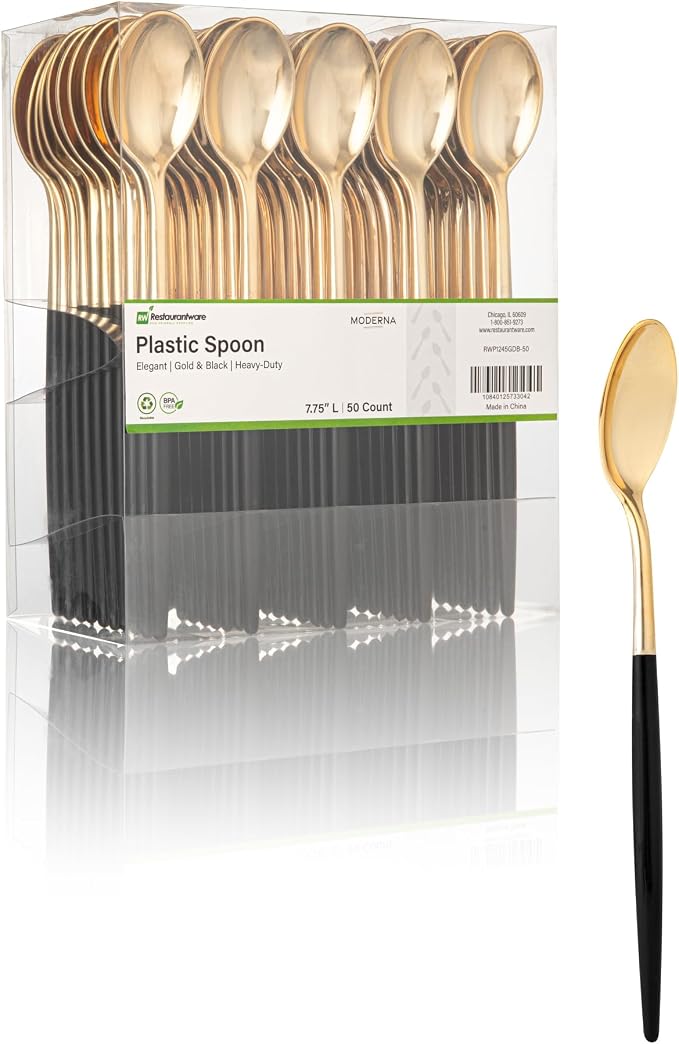 Restaurantware-Moderna 7.75 Inch Fancy Flatware, 50 Durable Plastic Flatware - With Black Handle For Grip, Heavy-duty, Gold Plastic Spoons, Easily Disposable Or Restaurants