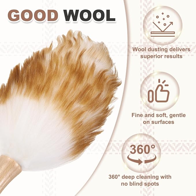 uxcell Wool Duster, 14.2" Natural Feather Cleaner Household Cleaning Duster with Solid Wooden Handle for Cleaning Fans Window Blinds Shelves Furniture, White Coffee