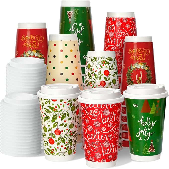 Nihuecne 50 Pack 16 oz Christmas Disposable Coffee Cups with Snap-on Lids - for Hot or Cold Drinks, Paper Coffee Cups for Xmas Holiday Table Decorations Party Supplies, 5 Assorted Christmas Styles