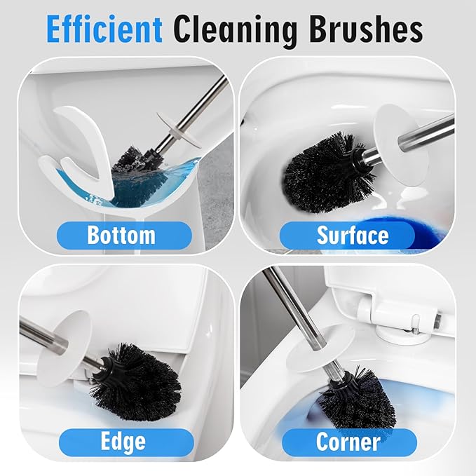 Matt White Ceramic Toilet Brush and Holder Set, Durable Bristles Non Scratch Toilet, Long Stainless Steel Handle, Freestanding Toilet Bowl Cleaners Brush, Scrubber Brush for Toilet