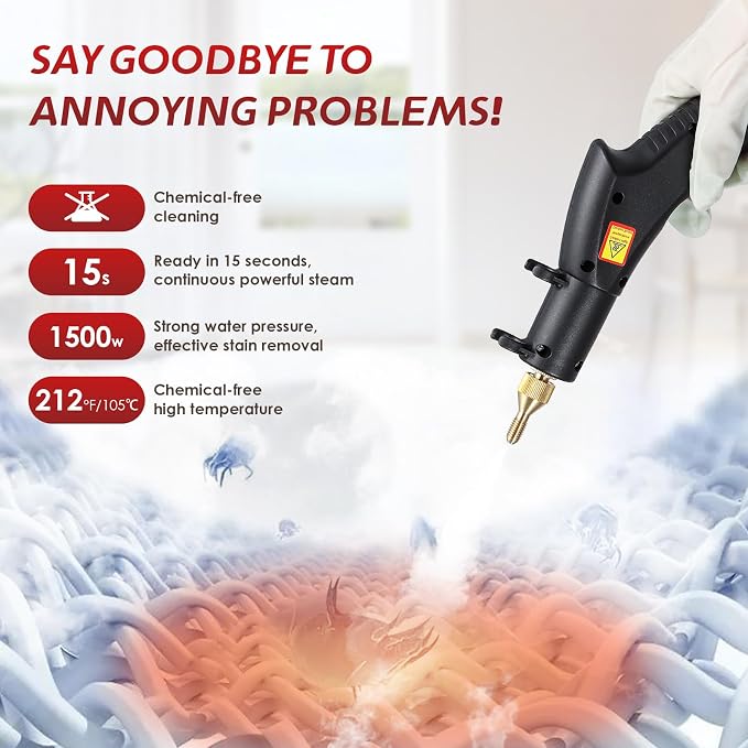1500W Handheld Steamer for Cleaning, High-Pressure Steam Cleaner, Quick 15s Heat-Up, 212℉ Powerful Steam for Grout, Tile, Home, Auto, Car Detailing, Kitchen, Bathroom Cleaning - 110V, Red