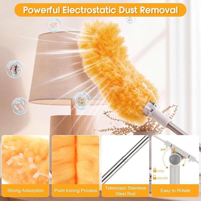 6 ft Extendable Duster Handle with 40 Refills and 1 Pair of Gloves Compatible with Swiffer Duster 360° Heavy Duty Microfiber Dusters Kit for Cleaning High Ceilings and Fans, Vents(Orange)