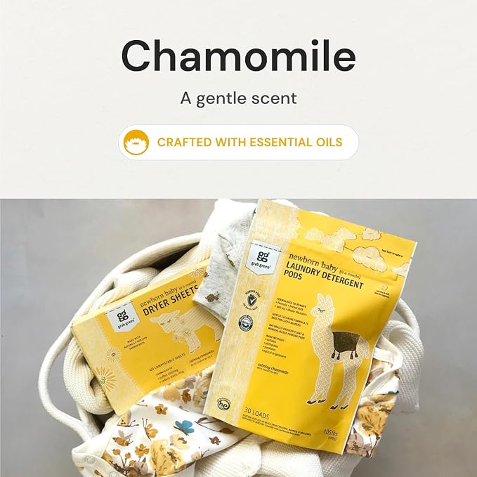 Grab Green Newborn Baby Laundry Pods and Dryer Sheets Bundle | 30 Count Pods and 40 Dryer Sheets; Calming Chamomile; Plant & Mineral-Based; No Harsh Chemicals