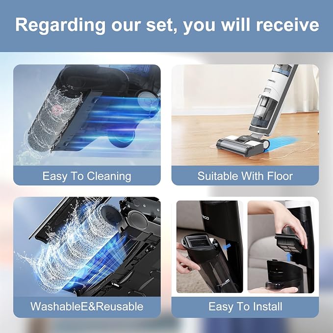 Vacuum Mop Roller Brushes and Filter Replacement Parts Compatible with Tineco Ifloor 3 Series, Floor One S3 Series, Ifloor 5 Breeze，The Set Includes 3 Roller Brushes 6 Filters and 2bottle solution