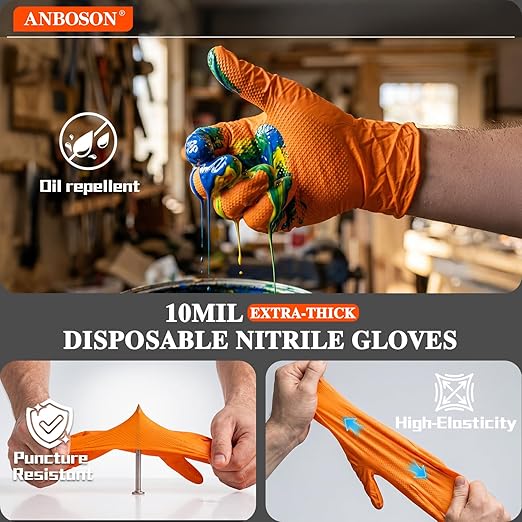 ANBOSON 10mil Nitrile-Gloves Disposable-Orange Chemical-Resistant Rubber - Mechanic Gloves Heavy Duty, Latex Free, Diamond Grip (500, Medium)
