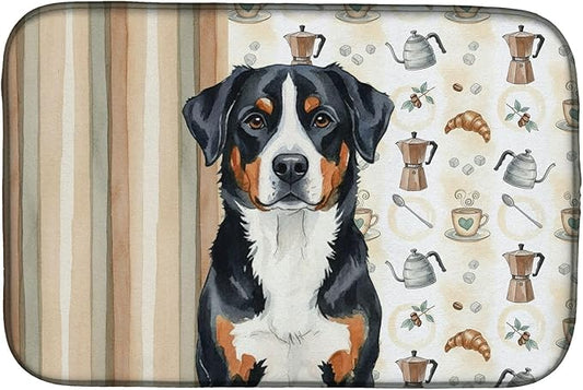 Caroline's Treasures Greater Swiss Mountain Dog Coffee Bar Dish Drying Mat Absorbent Dish Drying Mat Pad for Kitchen Counter Dish Drainer Mat for Countertop, 14 x 21", Multicolor