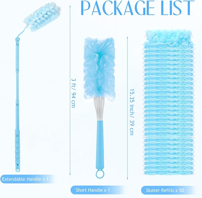 50 PCS Heavy Duty Duster Refills with Retractable Handle and Short Handle, Disposable Surface Duster Kit for Cleaning Dusting Furniture Blind Ceiling Fan (Blue)