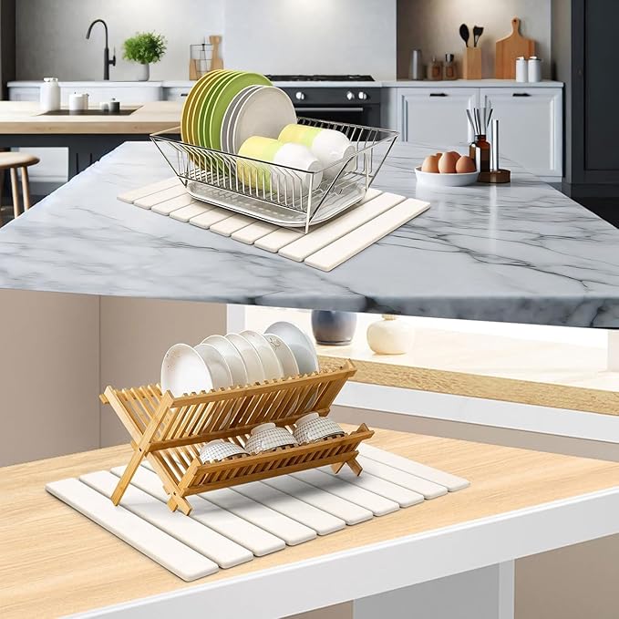 2 PCS Large Stone Dish Drying Mat for Kitchen Counter, 24"×16" Dish Drying Mat with 8"x 4" Coasters, Non - Slip Collapsible Absorbent Mat for Multi - Purpose, Match Any Countertop【White】