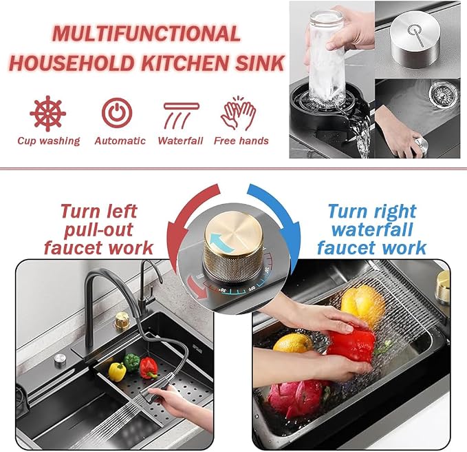 Dark Grey Single Bowl Stainless Steel Waterfall Kitchen Sink with Utility Hot & Cold Pull-Out Faucet,Knob Control Workstation Sink With Cup Washer,Drainage Basket (33.5 * 17.7 * 8.3in)