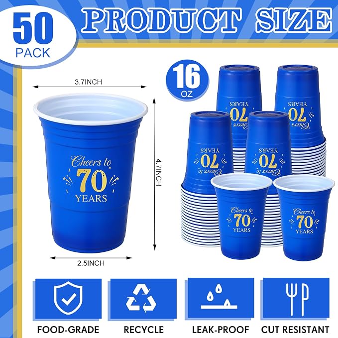 Ziliny 50 Pack 70th Birthday Cups 16 oz Cheers to 70 Years Disposable Plastic Cups Gold and Blue Birthday Party Hot Cold Drinks Tool for Party Wedding Anniversary Supplies Decorations