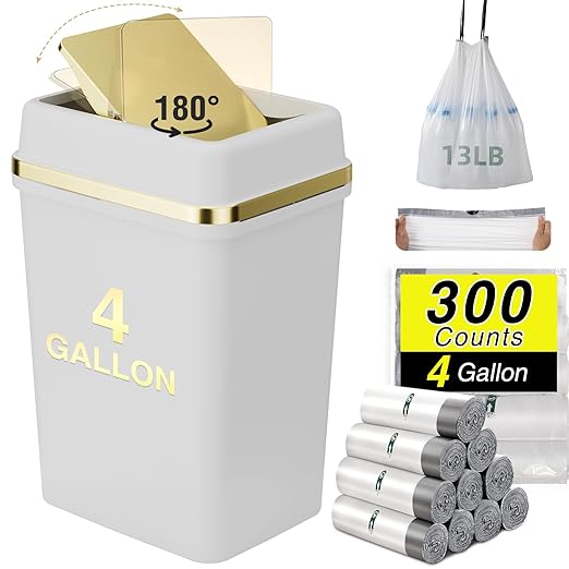 Bathroom Trash Can with Lid 4 Gallon Trash Can Small Garbage Can White Trash Can with 300 Counts Trash Bags for Kitchen Bedroom Office Dorm