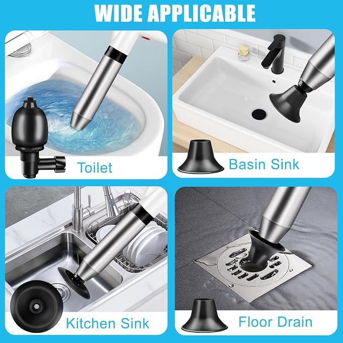 Fast Toilet Plunger High Pressure with Storage Bag, Heavy Duty Air Drain Blaster & Unclogger Tool, Clog Remover Kit & Toilet Snake Alternative for Bathroom, Toilets, Sinks, Tubs, Pipes (White)