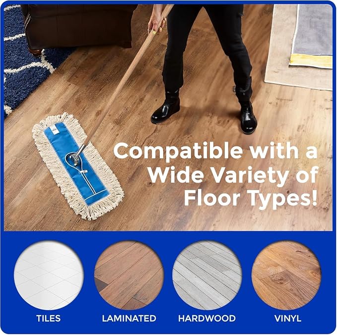 Nine Forty 60" Premium Cotton Dust Mop Kit - Heavy Duty Mop Head with Wood Handle for Industrial, Commercial, and Residential Cleaning - Dry Floor Duster for Hardwood Surfaces - White