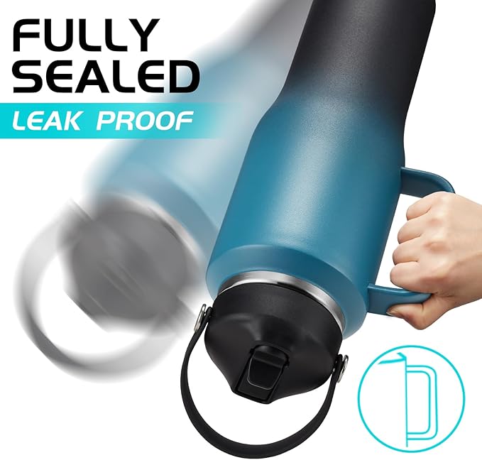32oz Insulated Water Bottle - with Straw & Spout Lid, Strap Carrier Bag, Cold-48H & Hot-24H, Stainless Steel Travel Cup with Handle, Reusable Slim Metal Water Bottle for Car Travel Cycle Gym