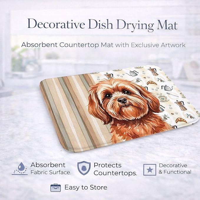 Caroline's Treasures Red Lhasa Apso Coffee Bar Dish Drying Mat Absorbent Dish Drying Mat Pad for Kitchen Counter Dish Drainer Mat for Countertop, 14 x 21", Multicolor