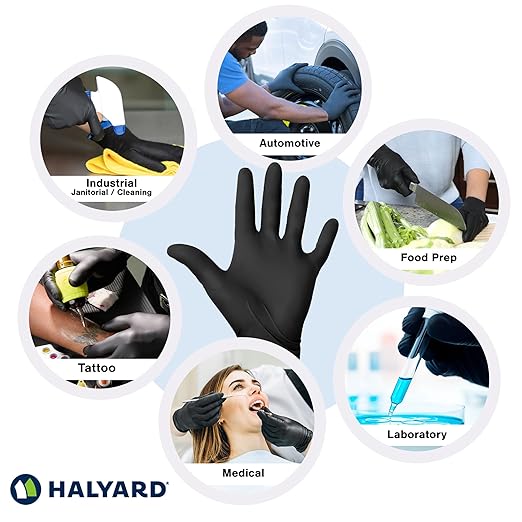 HALYARD PUREZERO Black Nitrile Exam Gloves - 5.1 Mil Case of 900, X-Large - Heavy Duty Powder Free Disposable Gloves - Textured Industrial Medical Tattoo Cleaning Food Prep