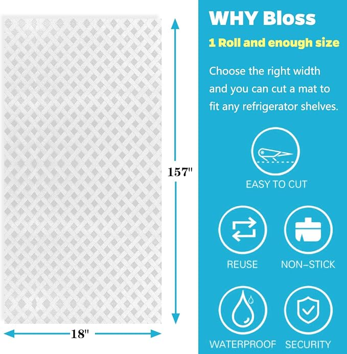 Bloss Refrigerator Liners Mats, Easy to Clean Fridge Liners, Washable Fridge Covers Pads, Shelf Liners for Kitchen Cabinets, Protect Freezer Shelves(Grid,18" x 157")