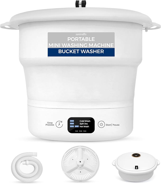 SereneLife PUCWM44.5 Portable Mini Washing Machine – Folding Bucket Washer for Clothes & Laundry – Lightweight, Compact & Easy to Carry for Camping, RV, Travel, Apartments & Small Spaces (Off White)