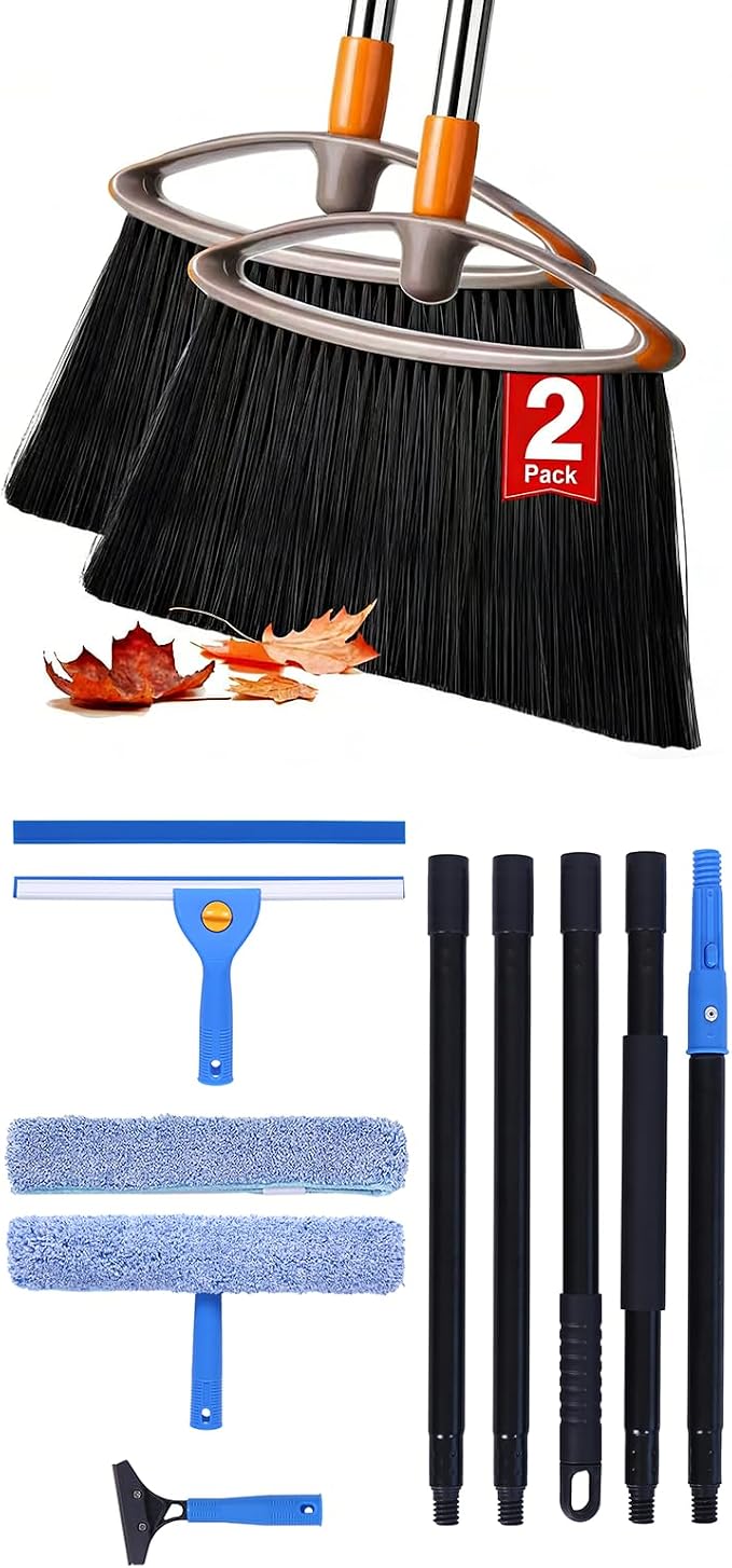 2-Pack Heavy Duty Stiff Bristle Broom, 48.8" Window Squeegee Kit: Indoor Outdoor Push Broom with Stainless Steel Handle, Extendable Iron Pole for Snow, Garage, Pet Hair, Glass, Patio Cleaning