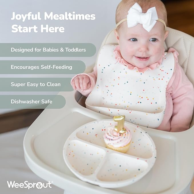 WeeSprout Baby Led Weaning Bundle, Silicone Suction Bowl, Spoons, Bib & Cup, Develops Self Feeding Skills, Dishwasher Safe (Confetti)