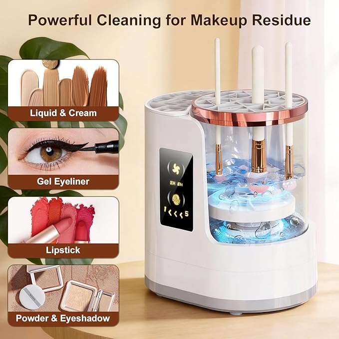 Makeup Brush Cleaner Machine Gray, Automatic Brush Cleaning & Drying Machine with Dual-Direction Cleaning