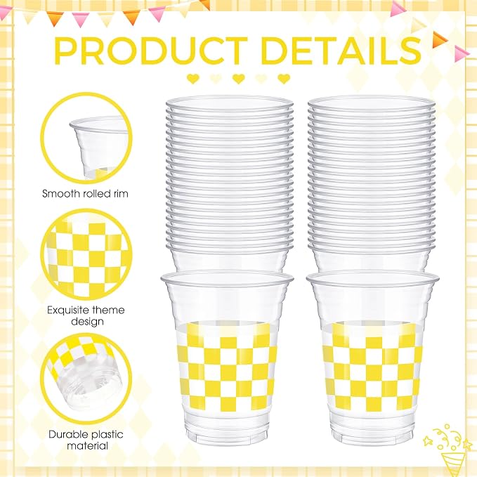 SiliFine 50 Pcs 12 oz Yellow Checkered Plastic Cups Clear Disposable Gingham Plaid Party Cups for Baby Shower, Dinner Birthday Baby Shower Wedding Party Decorations