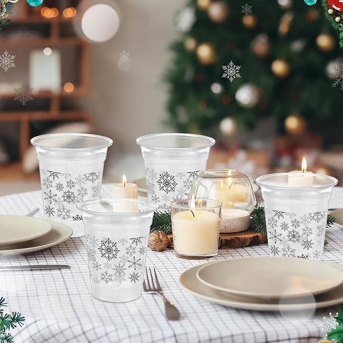 Jingmore 100 Pcs Winter Snowflake Plastic Cups 12 oz Snowflake Disposable Clear Plastic Drinking Cups Bulk for Xmas Winter Holiday Wonderland Party Decorations Supplies(Silver)