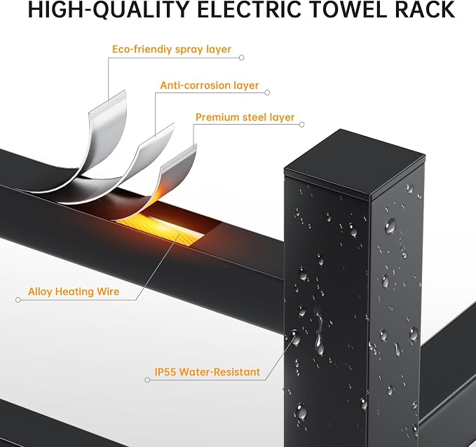 Towel Warmer Rack, Heated Towel Racks for Bathroom, Wall Mounted Towel Warmer, Stainless Steel 8-Bars Drying Rack with Intelligent Touch Screen Timer, Matte Black