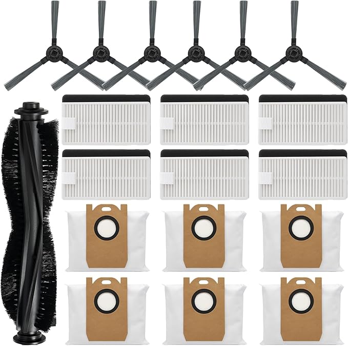 Replacement Parts Kit Compatible with iHome AutoVac Nova S1 Pro Robot Vacuum Cleaner Accessories iHRVS1PRO-3BLK, 1 Main Roller Brush, 6 Side Brushes, 6 Hepa Filters, 6 Dust Bags