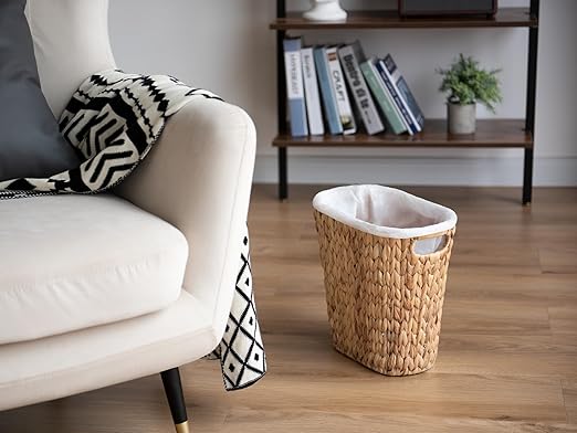 StorageWorks Wicker Waste Basket, Handwoven Water Hyacinth Trash Can with Built-in Handles, Wicker Garbage Can for Bedroom, Bathroom, 1 Pack