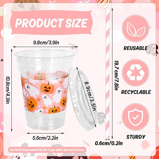 Whaline 50 Pcs Halloween Disposable Plastic Cups with Lids and Straws 12 oz Cute Pink Pumpkin Ghost Cold Beverage Drinking Cups for Birthday Party Favors