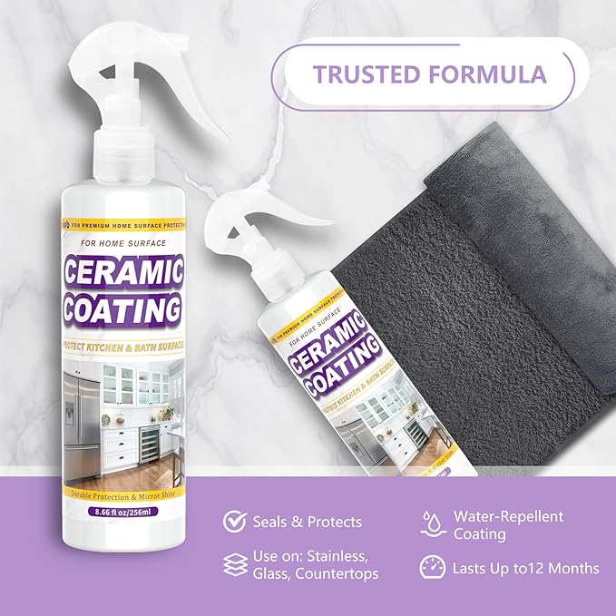 Ceramic Coating Spray for Kitchen Appliances & Stainless Steel –8.66oz Easy Cleaning & Long-Lasting Multi-Surface Shine – Fingerprint Resistant Cleaner & Sealer for Sinks, Fridges, Stoves